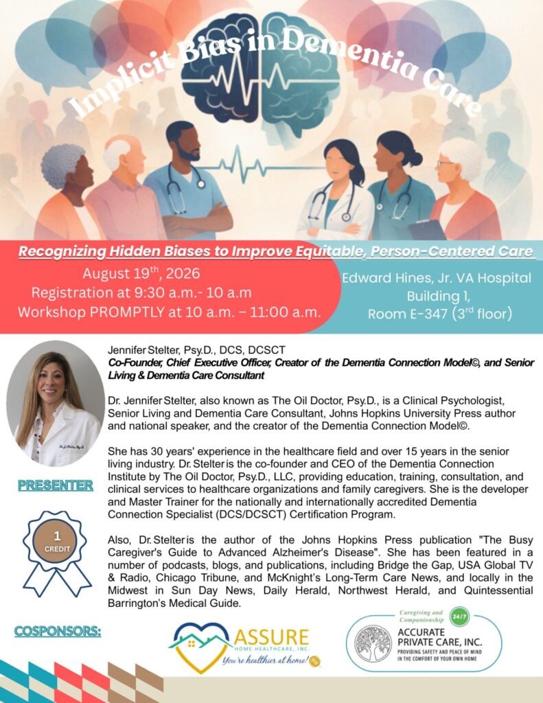 Implicit Bias in Dementia Care workshop flyer, August 19 2026, Edward Hines Jr. VA Hospital