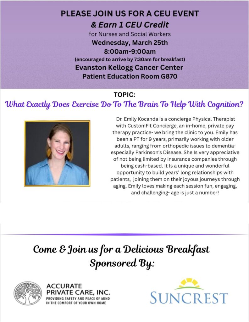 CEU flyer for What Exactly Does Exercise Do to the Brain to Help With Cognition, March 25 2026, Evanston Kellogg Cancer Center